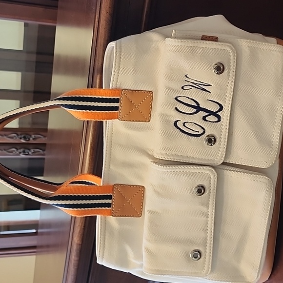 ‼️NWOT Pottery Barn White and Orange Seacliff Canvas Tote with Striped Handles - Picture 11 of 17